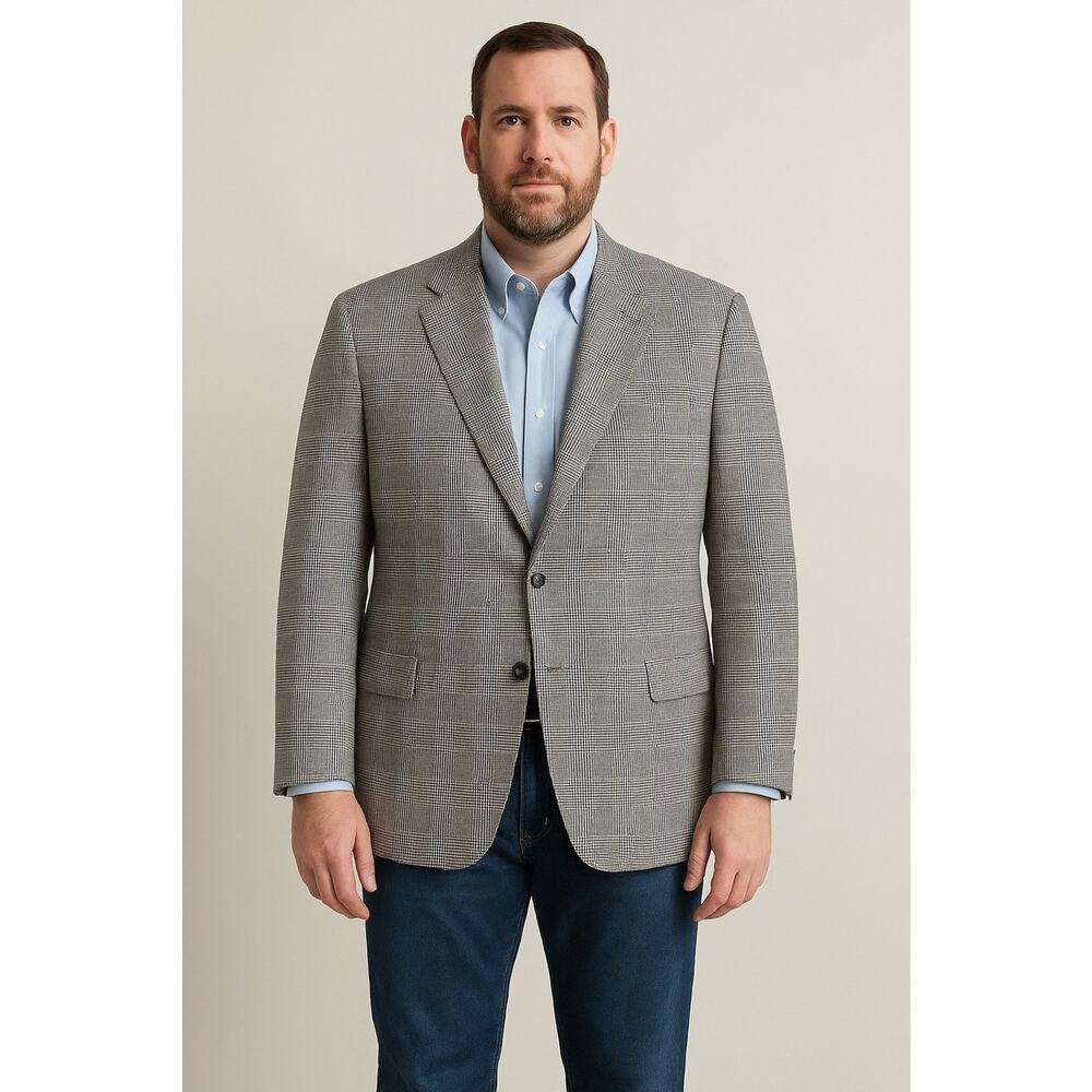 Samuelsohn Classic Glen plaid sport Coat Silk wool Blazer Gray White 44 Tall